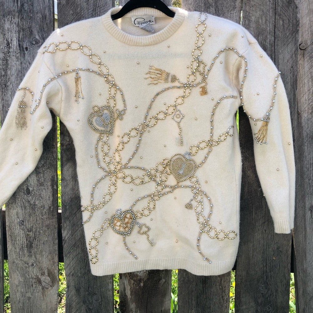 Pappagallo Cream and Gold Crew Neck Sweater with Intricate Design vintage